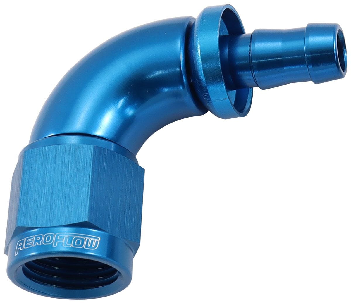 Aeroflow Performance Blue Finish. Suits 400 & 500 Series Hose Aeroflow 510 Series Full Flow Tight Radius Push Lock 90° Hose End -6AN To 5/16" (8mm) Bar SR