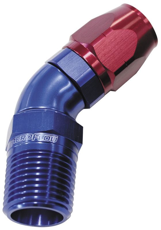 Aeroflow Performance Blue/Red Finish. Suits 100 & 450 Series Hose Aeroflow 45° Male NPT Full Flow Swivel Hose End 3/4" to -16AN AF528-16-12 SR