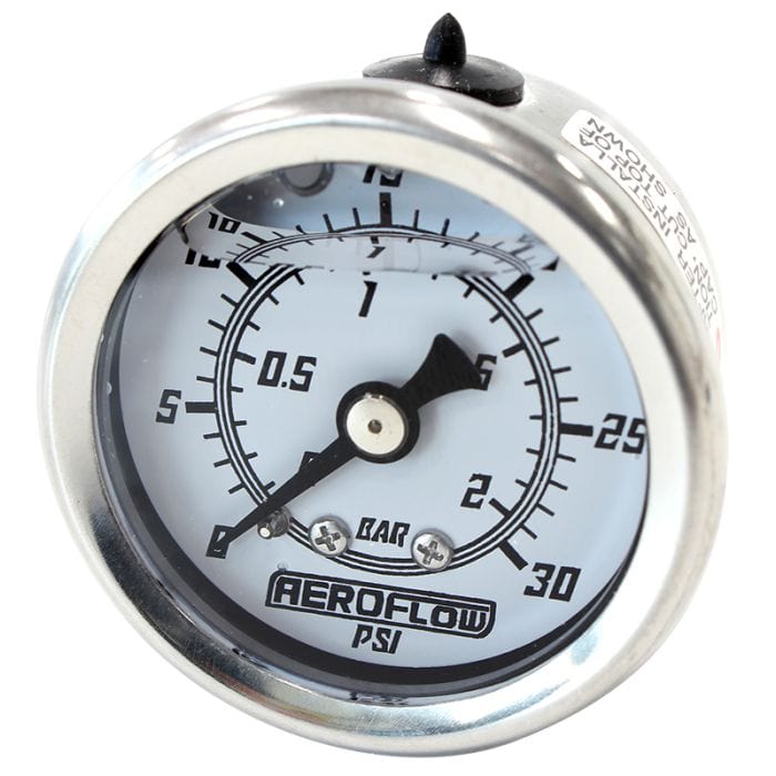 Aeroflow Performance Fuel Systems AF30-2209 1-1/2" Liquid Filled 30 psi Pressure Gauge 
White Face, Black Pointer, 1/8" NPT Male Thread SR