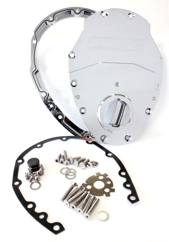 Aeroflow Performance Includes Gaskets, Seals, Roller Cam button, Mounting Hardware and Rep Aeroflow Small Block Chev 350 2-Piece Billet Timing Cover - Chrome Finish AF64-4350C SR