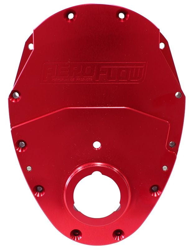 Aeroflow Performance Includes Gaskets, Seals, Roller Cam button, Mounting Hardware and Rep Aeroflow Small Block Chev 350 2-Piece Billet Timing Cover - Red Finish AF64-4350R SR