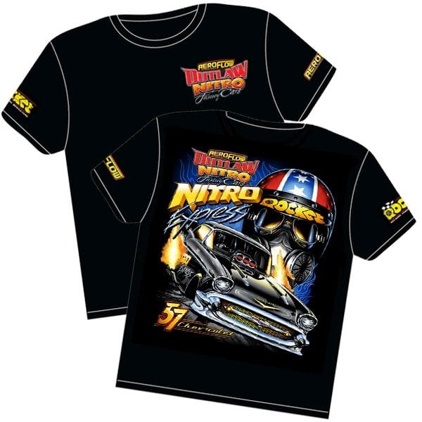 Aeroflow Performance Large Aeroflow Nitro Express' 57 Chev Outlaw Nitro Funny Car T-Shirt RTNE-L SR