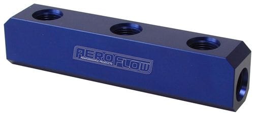 Aeroflow Performance Log has 3 x ORB ports on top and 2 x ORB ports either end. Blue Finish Aeroflow Billet 5 Port Fuel Log -10AN AF457-10 SR