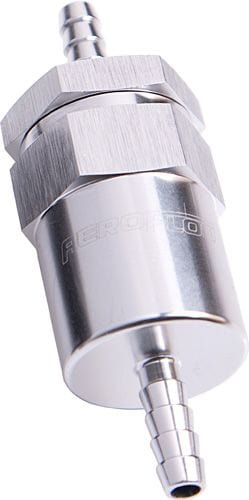 Aeroflow Performance Silver Finish. 2" Length Aeroflow 30 Micron Billet Fuel Filter 3/8" Barb AF610-06S SR