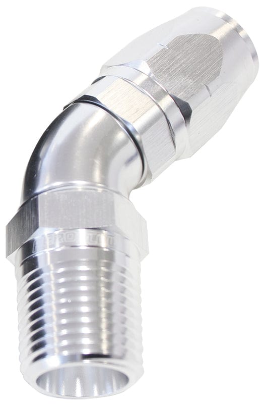 Aeroflow Performance Silver Finish. Suits 100 & 450 Series Hose Aeroflow 45° Male NPT Full Flow Swivel Hose End 1/2" to -8AN AF528-08-08S SR