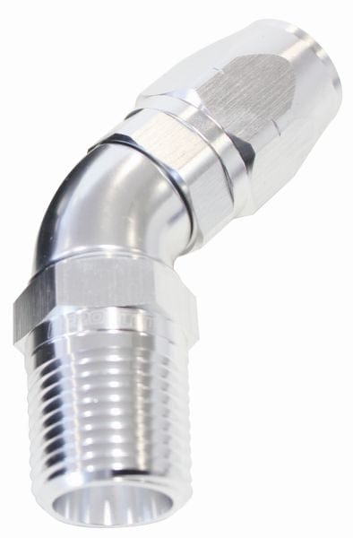Aeroflow Performance Silver Finish. Suits 100 & 450 Series Hose Aeroflow 45° Male NPT Full Flow Swivel Hose End 3/8" to -8AN AF528-08-06S SR
