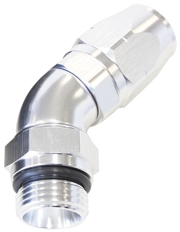 Aeroflow Performance Silver Finish. Suits 100 & 450 Series Hose Aeroflow 45° Male ORB Full Flow Swivel Hose End -12 ORB to -16AN AF544-16-12S SR