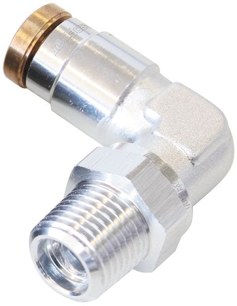 Aeroflow Performance Silver Finish. Suits 120 Series Nylon Hose Aeroflow 120 Series 90° 1/8" NPT to 3/16" Push to Connect Fitting AF123-02S SR
