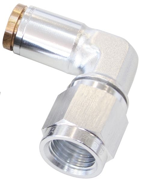 Aeroflow Performance Silver Finish. Suits 120 Series Nylon Hose Aeroflow 120 Series 90° -3AN to 3/16" Push to Connect Fitting AF123-03-02S SR