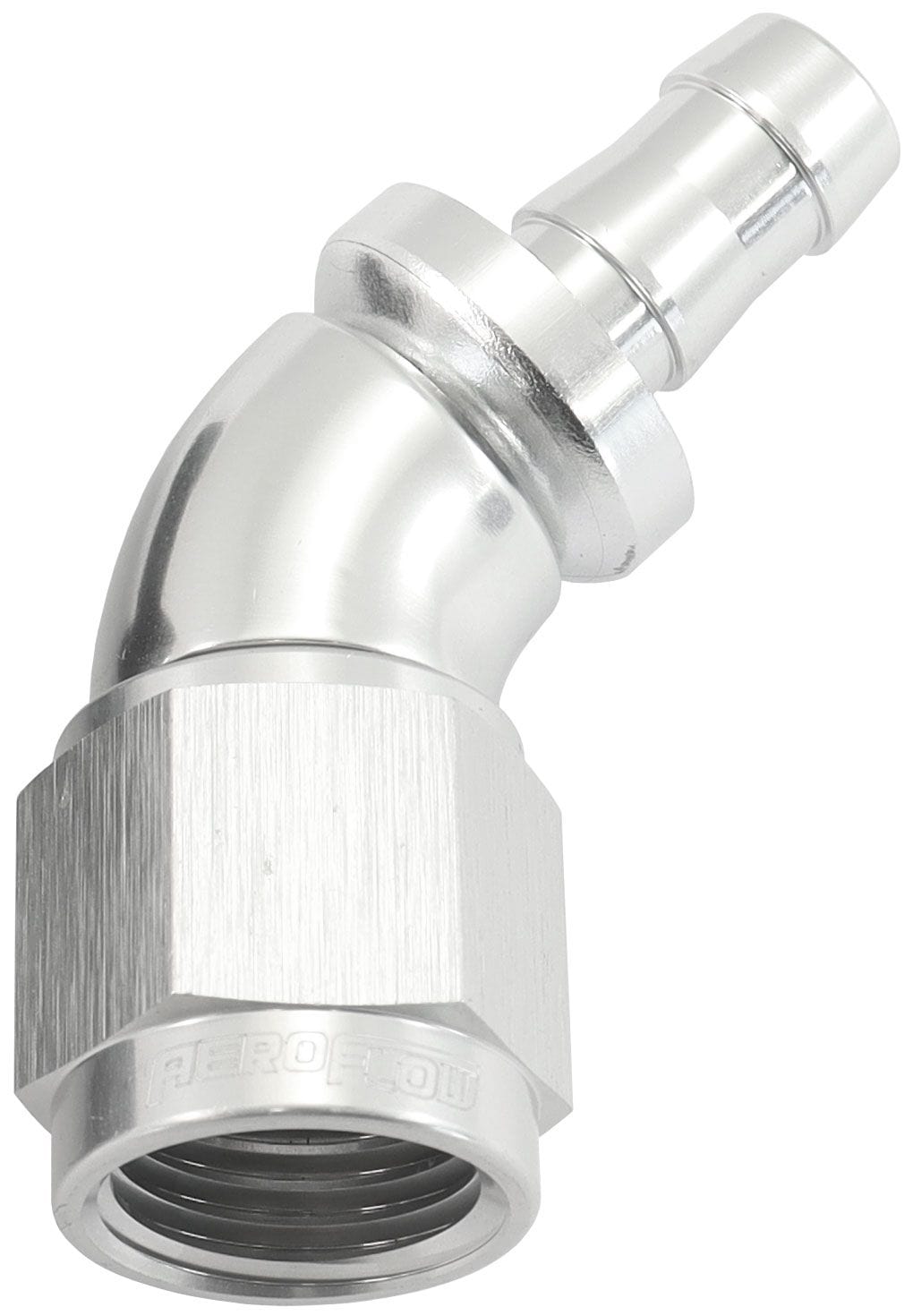 Aeroflow Performance Silver Finish. Suits 400 & 500 Series Hose Aeroflow 510 Series Full Flow Tight Radius Push Lock 45° Hose End -6AN To 5/16" (8mm) Bar SR