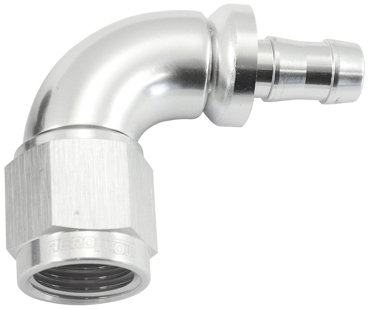 Aeroflow Performance Silver Finish. Suits 400 & 500 Series Hose Aeroflow 510 Series Full Flow Tight Radius Push Lock 90° Hose End -6AN To 5/16" (8mm) Bar SR