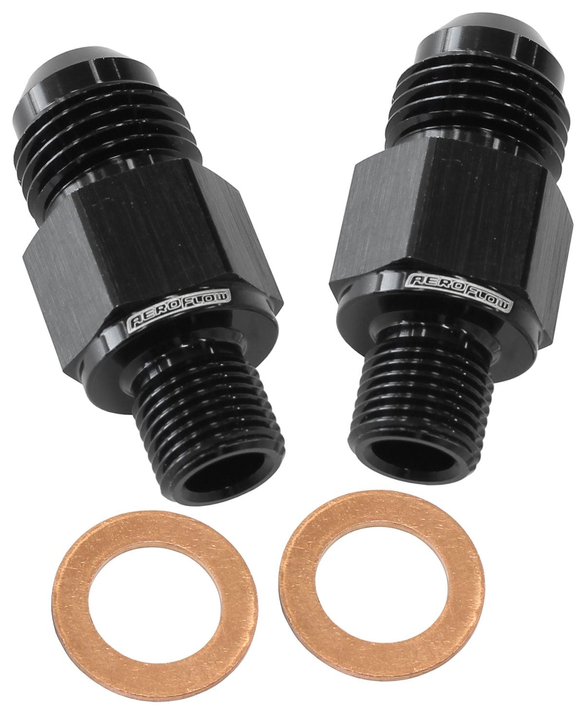 Aeroflow Performance Suit Ford C4, 1/8" NPSM Thread to -8AN (Pair) Aeroflow Transmission Cooler Adapter AF395-08BLK SR