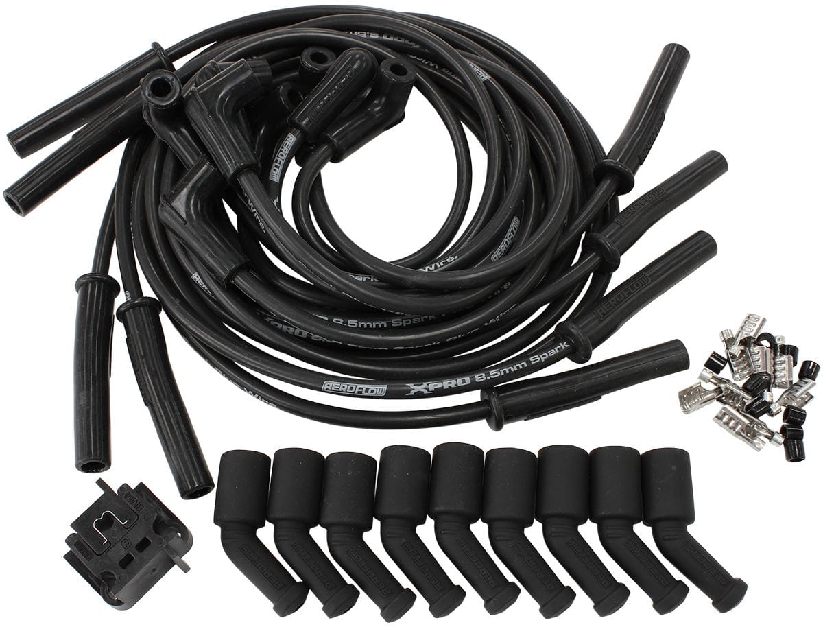 Aeroflow Performance Suit GM LS Series Engines With Coil Relocation Aeroflow Xpro Universal 8.5mm V8 Ignition Lead Set with 45° Coil Boots - Black AF4030-320 SR