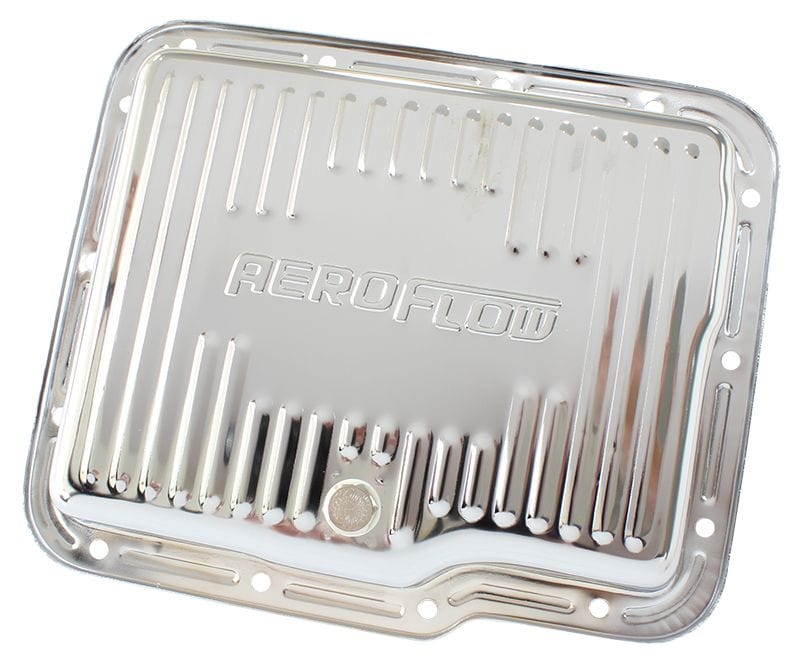 Aeroflow Performance Suit GM Powerglide, Deep Pan With Drain Plug Aeroflow Chrome Transmission Pan AF1825-3002 SR