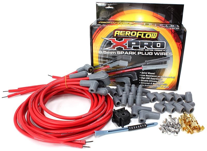 Aeroflow Performance Suit Standard & HEI Caps Aeroflow Xpro Universal 8.5mm V8 Ignition Lead Set with 90° Spark Plug Boots - Red AF4530 SR