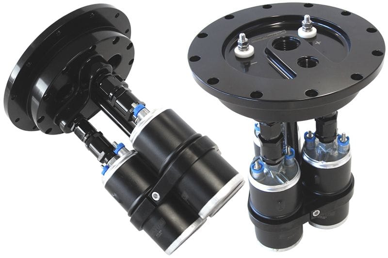 Aeroflow Performance Suits Aeroflow or Bosch style pumps, 8" (205mm) cut-out required Aeroflow Billet Triple Fuel Pump Hanger - Black AF64-4050BLK SR
