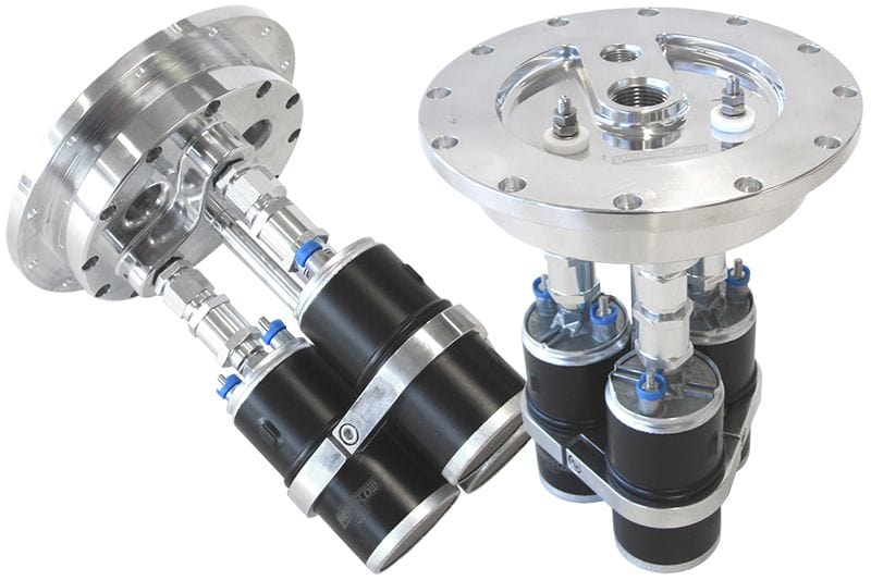 Aeroflow Performance Suits Aeroflow or Bosch style pumps, 8" (205mm) cut-out required Aeroflow Billet Triple Fuel Pump Hanger - Polished AF64-4050 SR