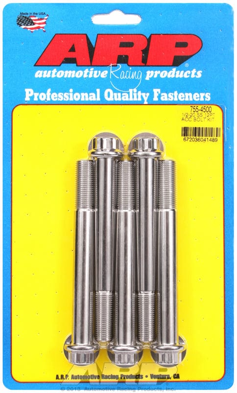 ARP 1/2" UNF x 4.500" UHL With 9/16" Socket Head ARP fasteners 5-Pack Bolt Kit, 12-Point Head S/S AR755-4500 SR