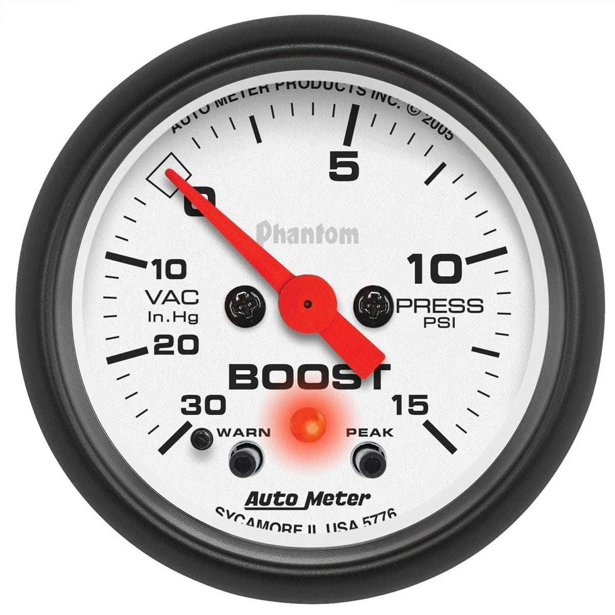 Auto Meter 2-1/16", Full Sweep Electric, Peak Memory and Warning, 30 In Hg./15 p Auto Meter Phantom Series Boost/Vacuum Gauge AU5776 SR