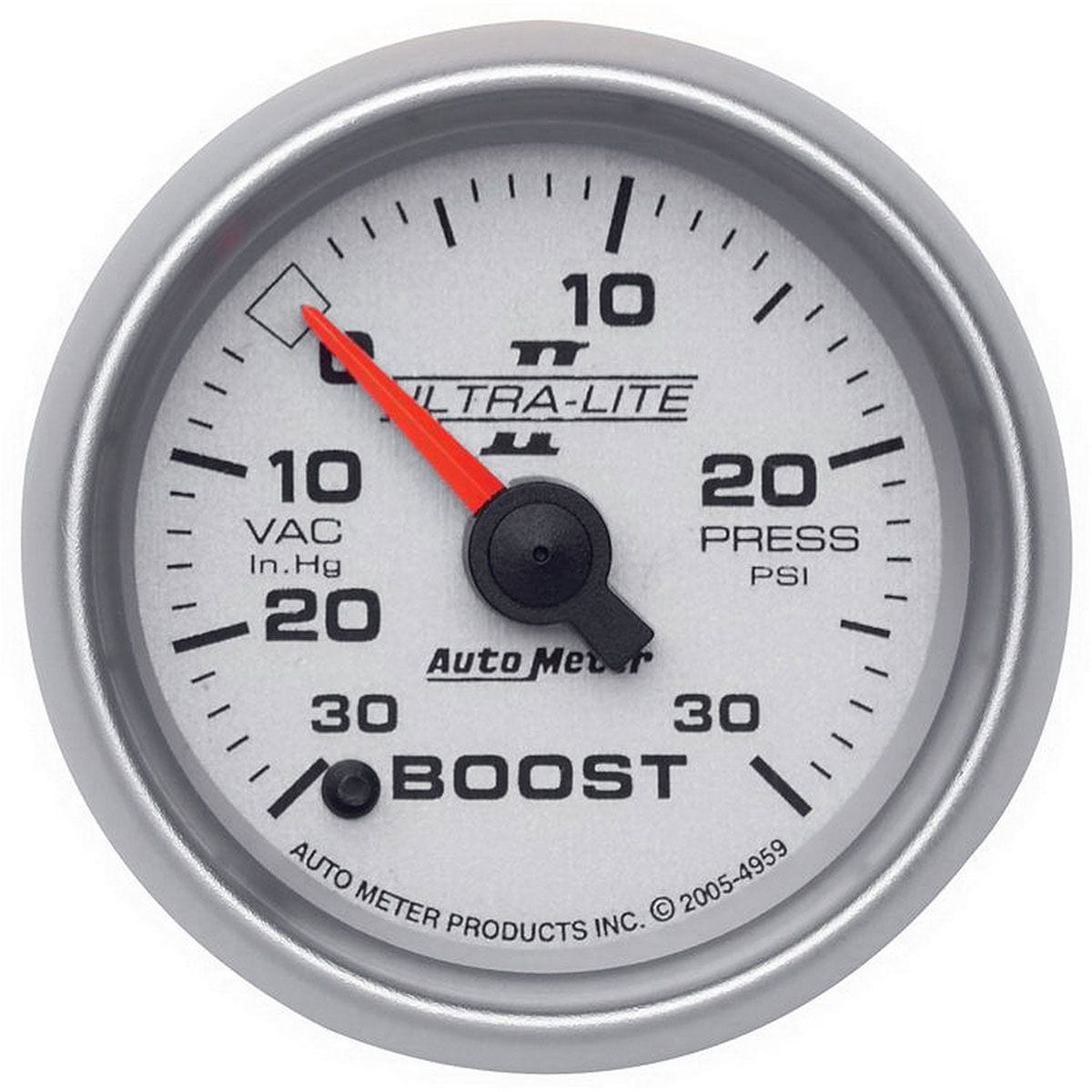 AUTOMETER 2-1/16", Full Sweep Electric, 30 In Hg./30 PSI Auto Meter Ultra-Lite II Series Boost/Vacuum Gauge AU4959 SR