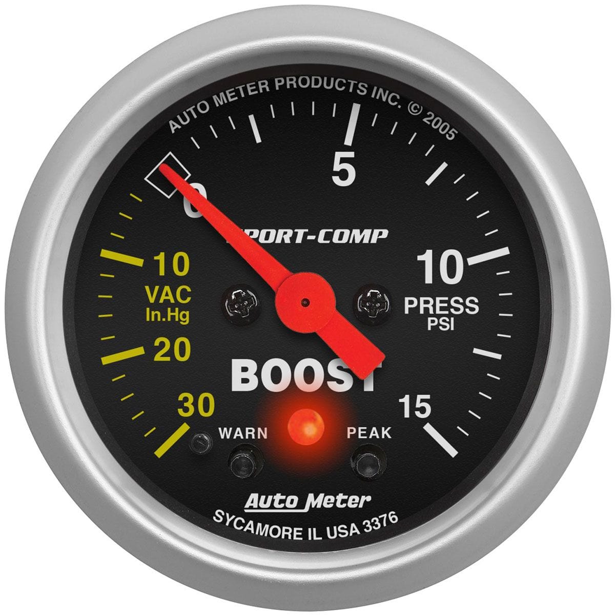 AUTOMETER 2-1/16", Full Sweep Electric, Peak Memory and Warning, 30 In Hg./15 p Auto Meter Sport-Comp Series Boost/Vacuum Gauge AU3376 SR