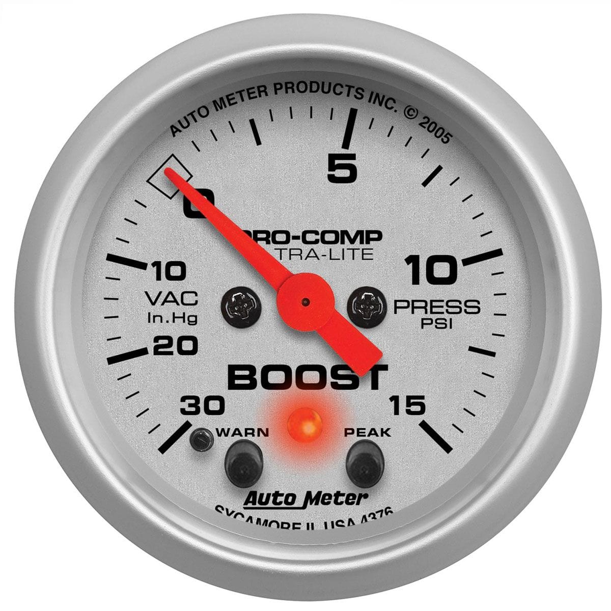 AUTOMETER 2-1/16", Full Sweep Electric, Peak Memory and Warning, 30 In Hg./15 p Auto Meter Ultra-Lite Series Boost/Vacuum Gauge AU4376 SR
