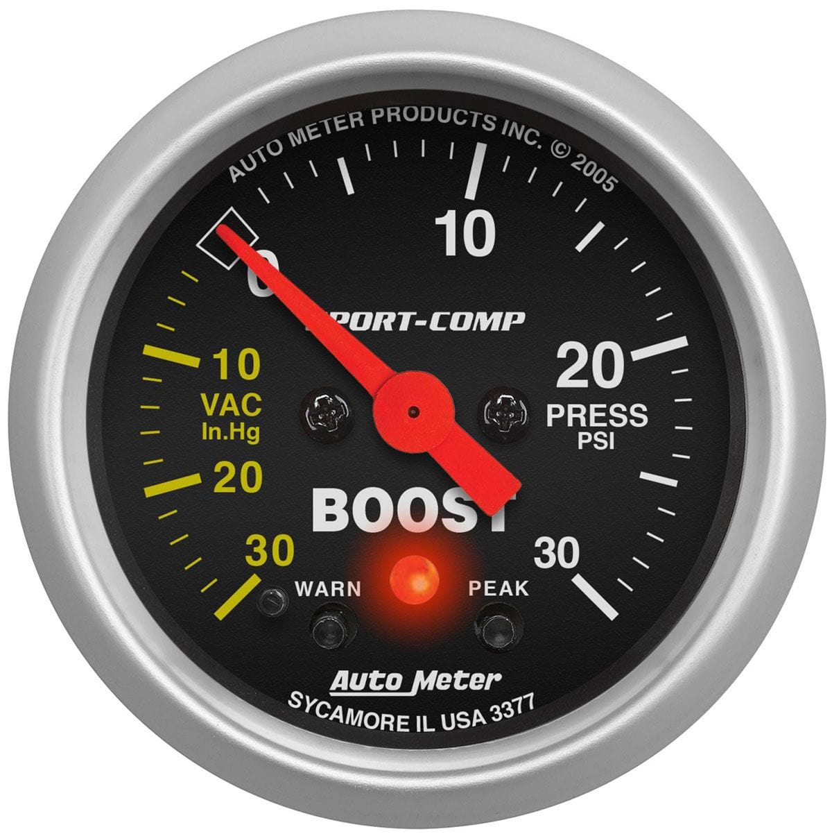 AUTOMETER 2-1/16", Full Sweep Electric, Peak Memory and Warning, 30 In Hg./30 p Auto Meter Sport-Comp Series Boost/Vacuum Gauge AU3377 SR