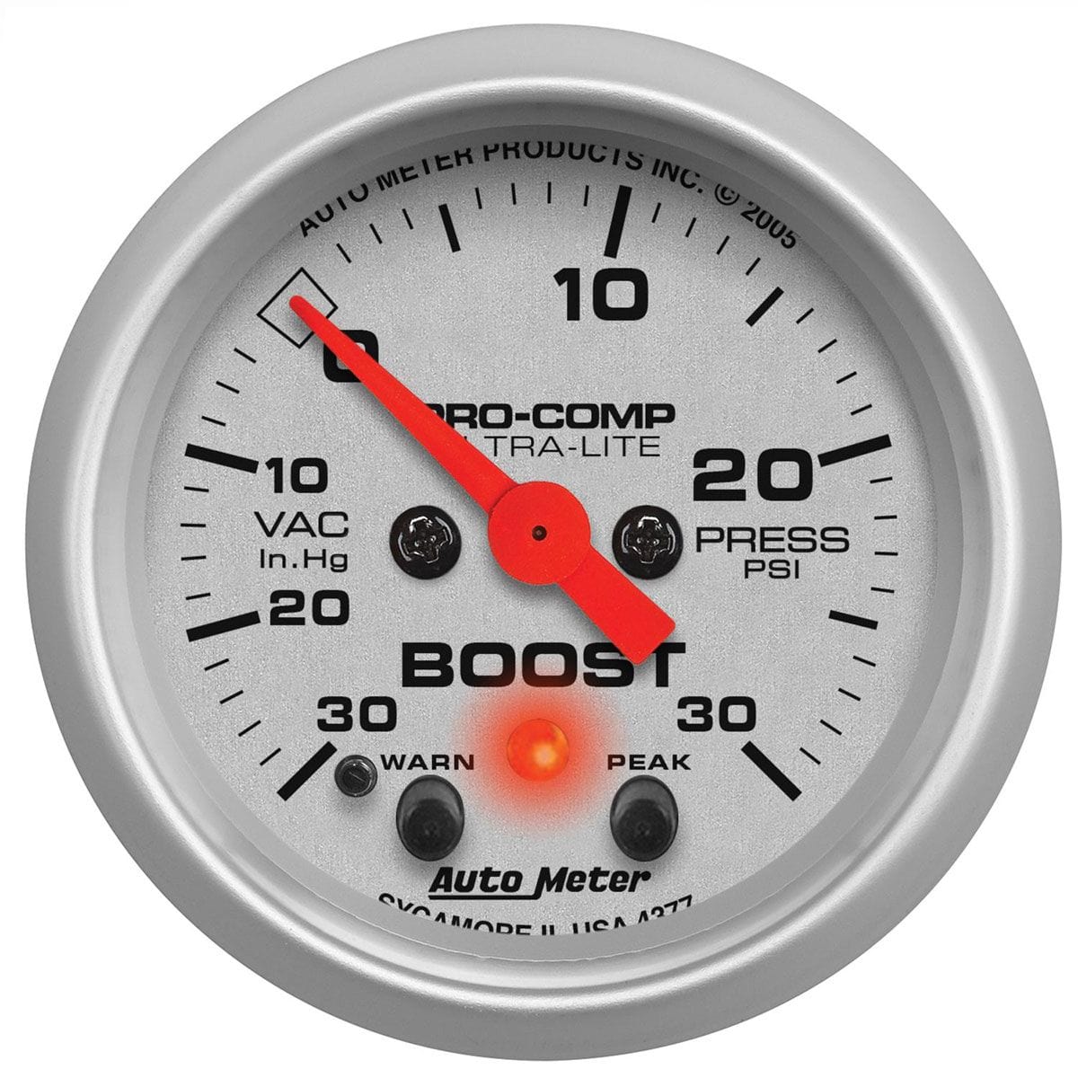 AUTOMETER 2-1/16", Full Sweep Electric, Peak Memory and Warning, 30 In Hg./30 p Auto Meter Ultra-Lite Series Boost/Vacuum Gauge AU4377 SR
