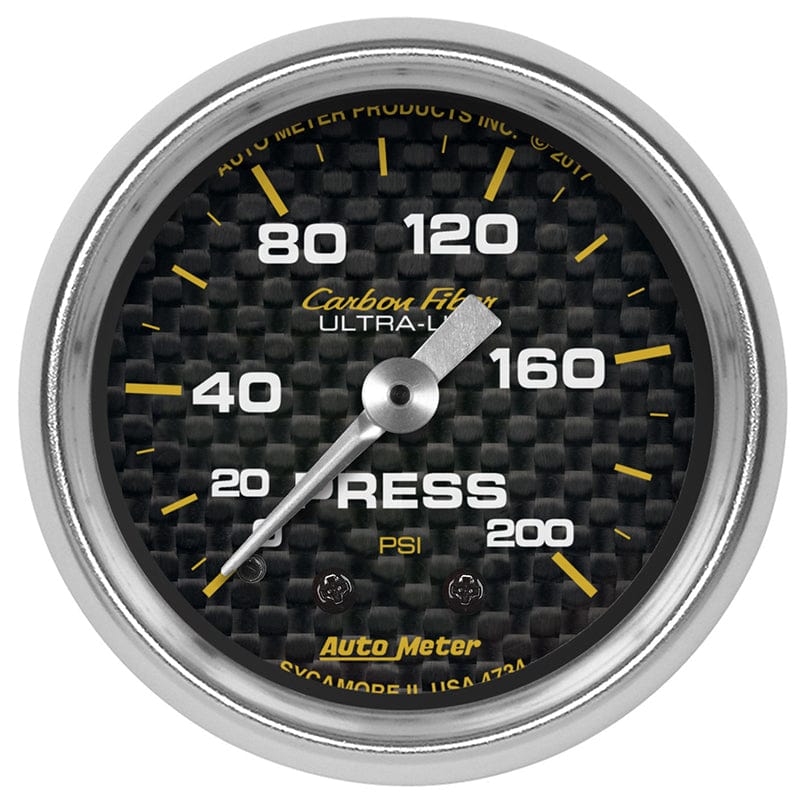 AUTOMETER 2-1/16", Full Sweep Mechanical, 0-200 PSI Auto Meter Carbon Fibre Series Pressure Gauge AU4734 SR