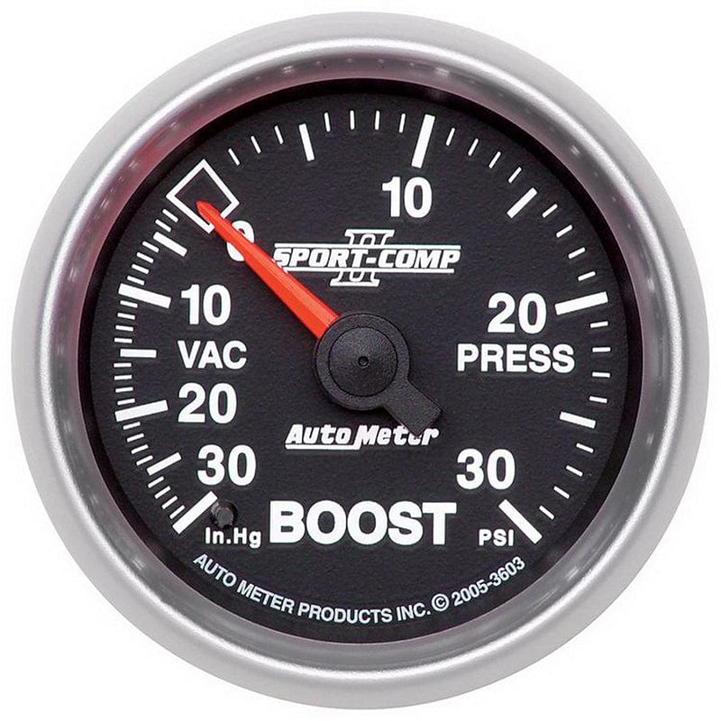 AUTOMETER 2-1/16", Full Sweep Mechanical, 30 In. Hg/30 psi Auto Meter Sport-Comp II Boost/Vacuum Gauge AU3603 SR