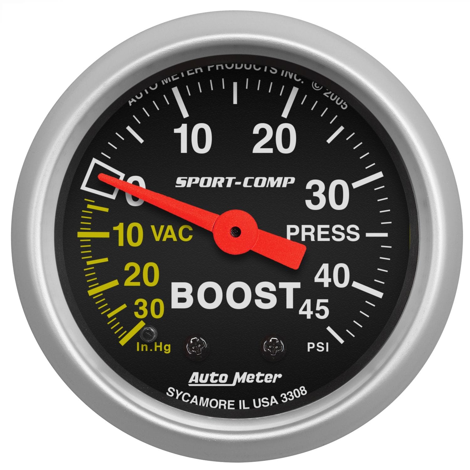 AUTOMETER 2-1/16", Full Sweep Mechanical, 30 In. Hg./45 psi Auto Meter Sport-Comp Series Boost/Vacuum Gauge AU3308 SR