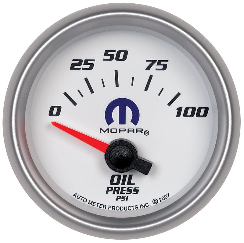 AUTOMETER 2-1/16", White Dial/Silver Bezel, Short Sweep Electric, 0-100 psi Auto Meter Mopar Oil Pressure Gauge AU880029 SR