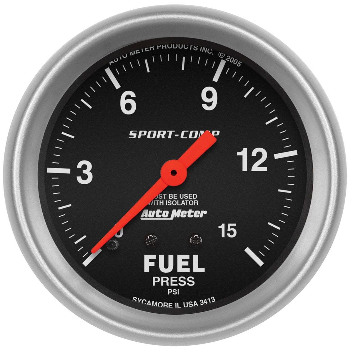 AUTOMETER 2-5/8", Full Sweep Mechanical, With Isolator, 0-15 psi Auto Meter Sport-Comp Series Fuel Pressure Gauge AU3413 SR