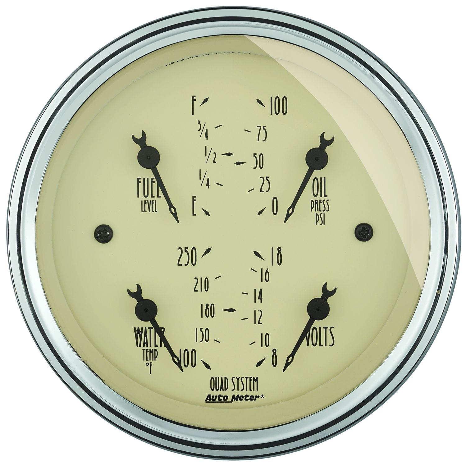 AUTOMETER 3-3/8", Short Sweep Electric, Fuel Level, Water Temperature, Oil Pres Auto Meter Antique Beige Quad Gauge AU1812 SR