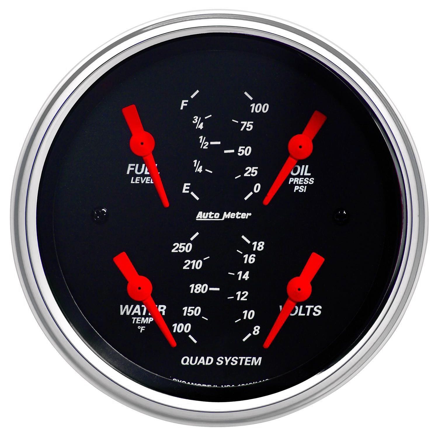 AUTOMETER 3-3/8", Short Sweep Electric, Fuel Level, Water Temperature, Oil Pres Auto Meter Designer Black Series Quad Gauge AU1412 SR