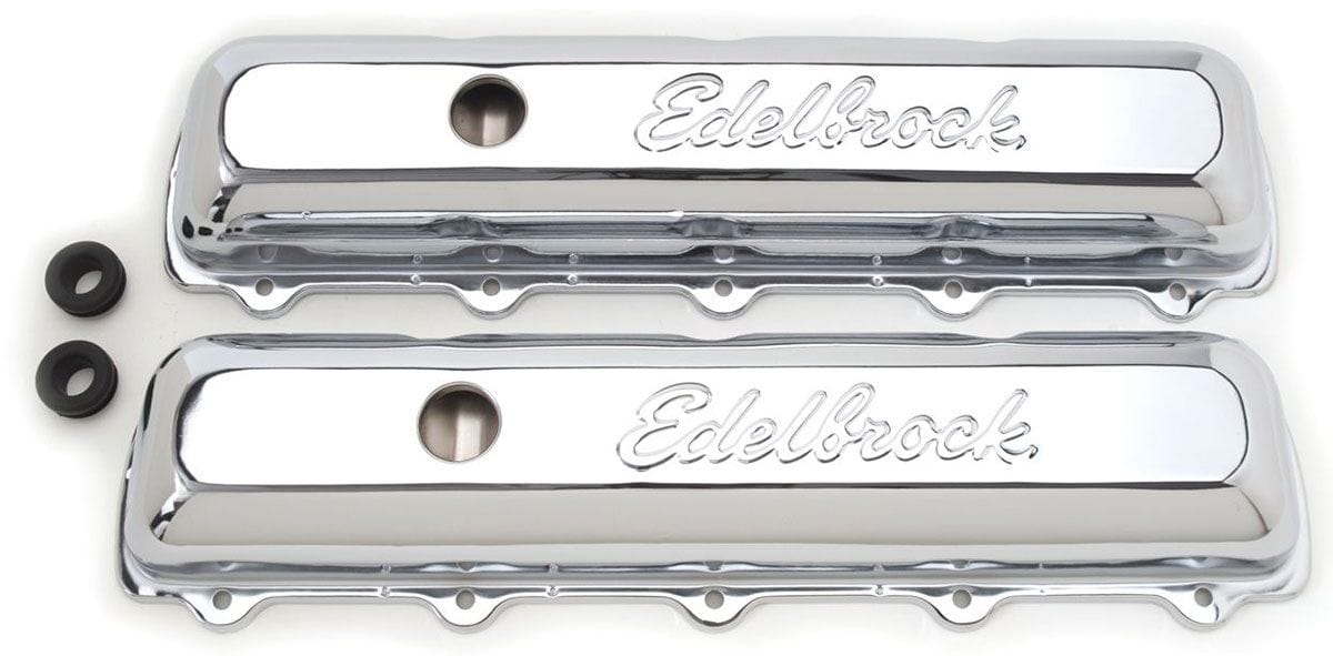 EDELBROCK Oldsmobile 350-455 V8 (fits 5 and 10-hole heads), 2.9" overall height Edelbrock Signature Series Chrome Valve Covers ED4485 SR
