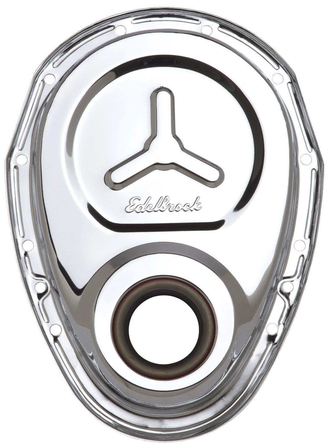 EDELBROCK Small Block Chevy, with Welded Reinforcement Plate Edelbrock Chrome Timing Cover ED4860 SR