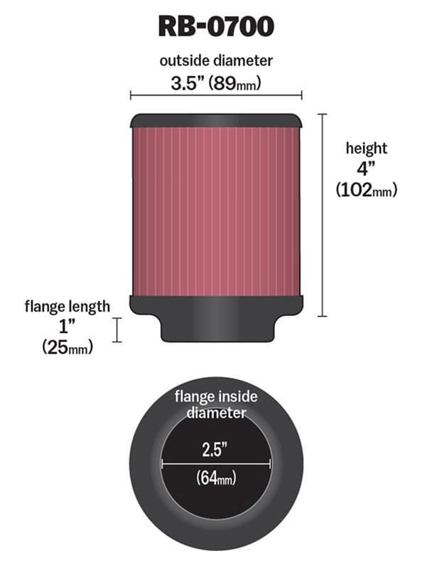 K&N 4 in (102 mm) H x 3.5 in (89 mm) OD - KNRB-0700 K&N K&N Universal Clamp On Filter Fits 2.5 in (64 mm) KNRB-0700 SR
