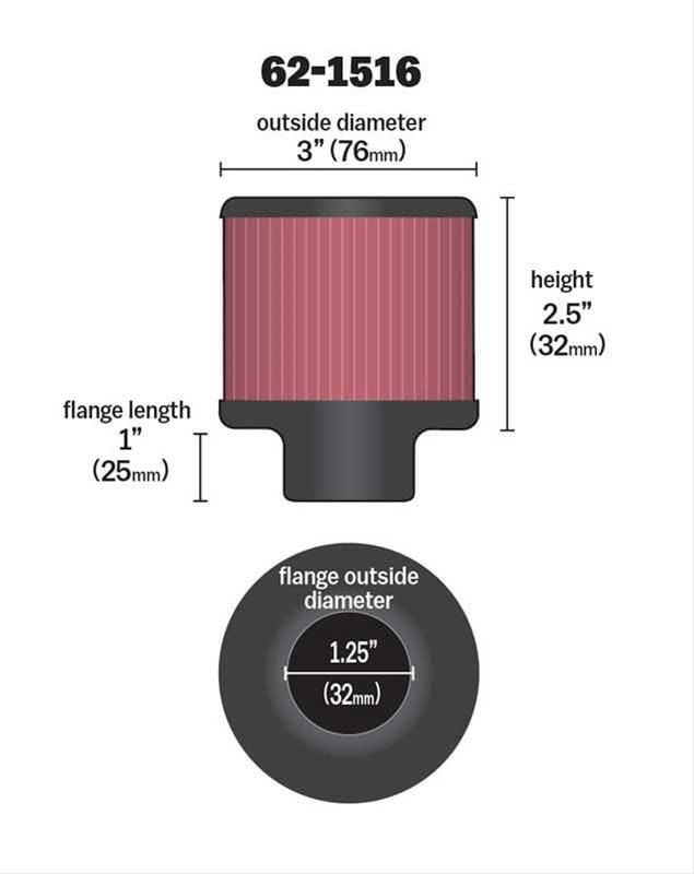 K&N Fits 1-1/4" (32mm) Hole - KN62-1516 K&N K&N Push-On Vent Filter 3 OD x 2-1/2 H KN62-1516 SR
