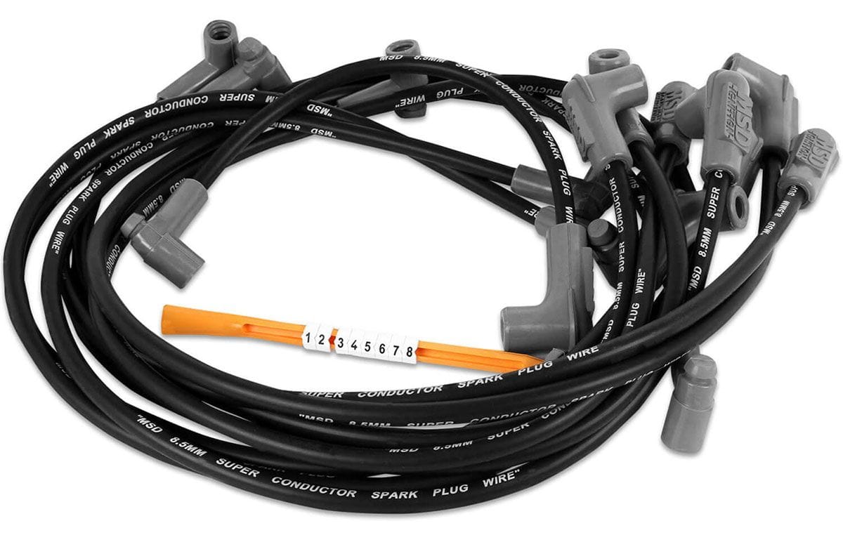 MSD 8.5mm Black, SB Chevy Sprint Car, Tight Fit, 90° Plug & Cap Terminal MSD Super Conductor Spark Plug Lead Set MSD31543 SR