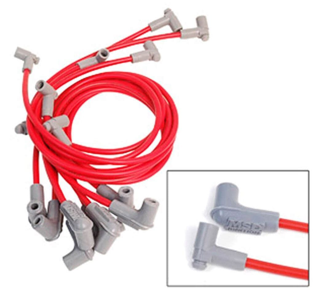 MSD 8.5mm Red, SB Chevy Sprint Car, Tight Fit, 90° Plug & Cap Terminal MSD Super Conductor Spark Plug Lead Set MSD31549 SR