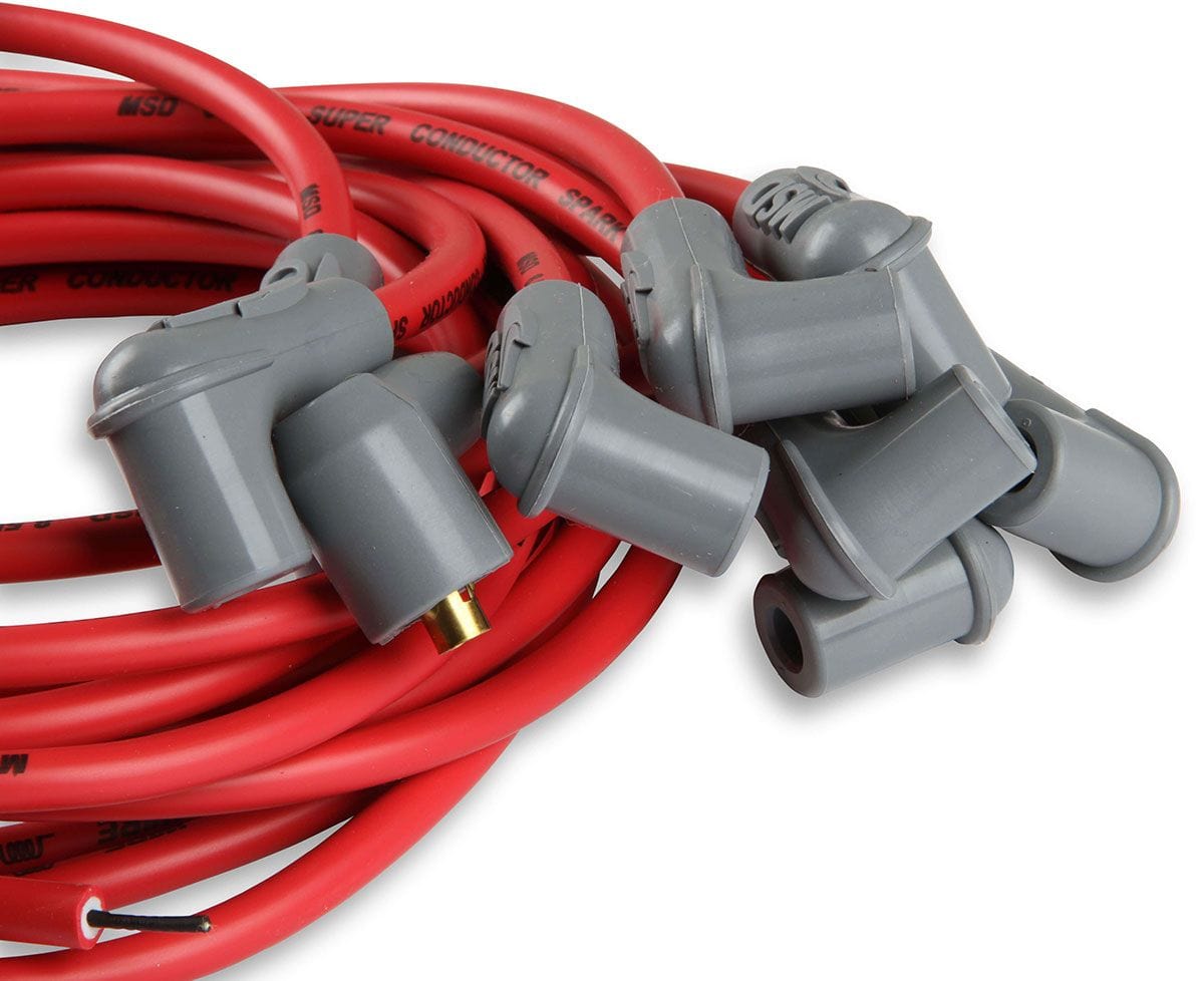 MSD 8.5mm, Red, Universal 8 Cyl 90° Plug/Socket & HEI Distributor Cap Ter MSD Super Conductor Spark Plug Lead Set MSD31239 SR
