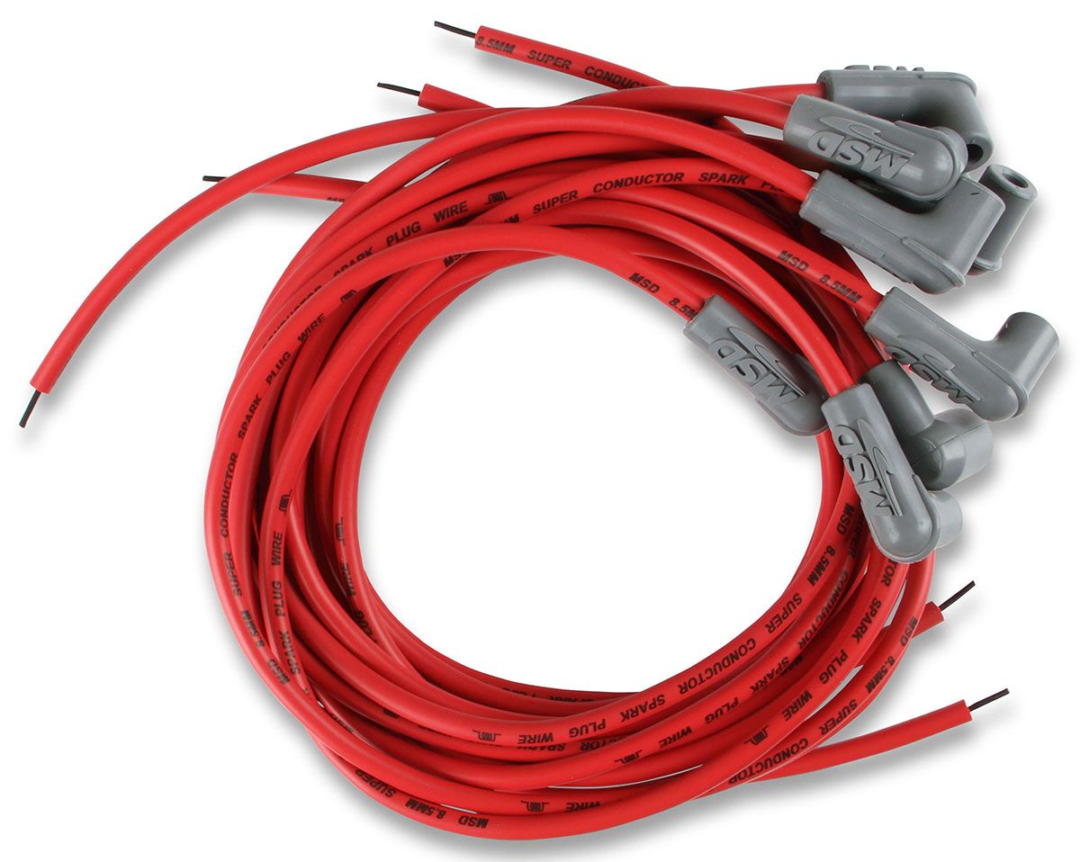 MSD 8.5mm, Red, Universal 8 Cyl 90° Plug/Socket & HEI Distributor Cap Ter MSD Super Conductor Spark Plug Lead Set MSD31239 SR